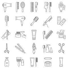Collection of beauty and hair care icons featuring styling tools and products for personal grooming and salons
