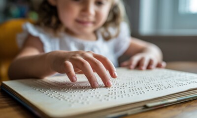 Close up of a young child hand reading a braille book, emphasizing tactile learning
