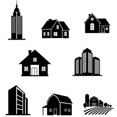 Diverse collection of building silhouettes including homes skyscrapers and barns for architectural graphics