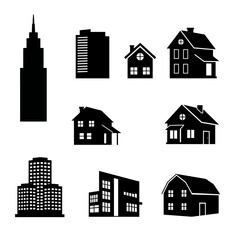 Diverse collection of silhouette building icons including skyscrapers houses and modern architecture for design projects