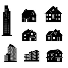 Collection of diverse house and building silhouettes for architectural design and real estate projects