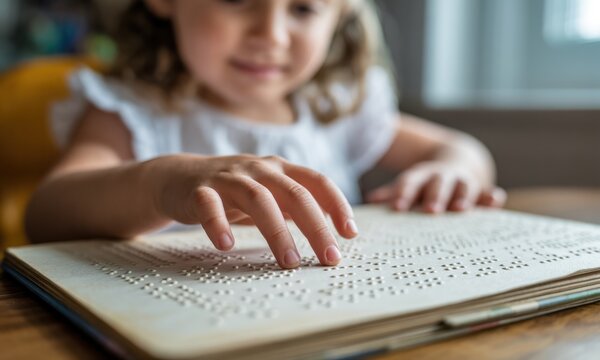 Close up of a young child hand reading a braille book, emphasizing tactile learning - Powered by Adobe