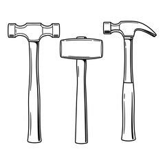 Three different hammers lined drawing isolated on white for construction and craftsmanship projects