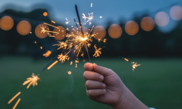 Child hand holding a lit sparkler, creating bright golden sparks against a dark blurred nighttime background