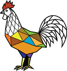 Geometric Rooster Illustration Modern Design with Bold Outlines and Varied Color Palette Creates Striking Visual Impact Animal Art