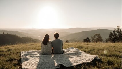 Couple sits on a blanket, backs to viewer, watching sunrise over rolling hills