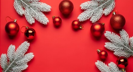 A festive arrangement of red Christmas ornaments and frosted pine branches on a vibrant red background, creating a classic holiday theme.