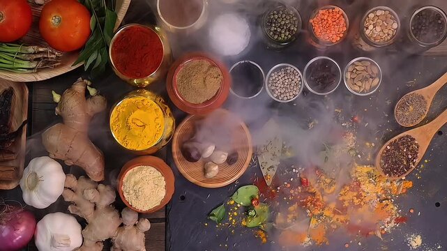 Overhead flat lay vibrant colourful spices herbs fresh produce vegetables legumes on wooden table spread splash smoking spice mix dark black slate metal clay pot palm leaf plate board copy text frame