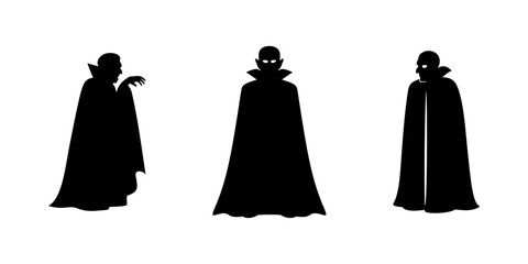 Hrabia Dracula. Wampir w pelerynie. Zestaw trzech sylwetek - ilustracja wektorowa.