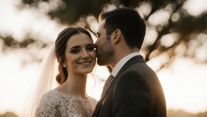 Bride and groom embrace, enjoying a sunset. He kisses her cheek, radiant smiles and soft light