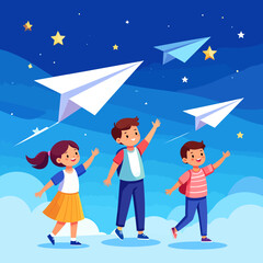 Celebrating World Children's Day Joyful Kids Releasing Paper Airplanes into a Starry Night Sky