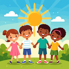 Celebrating World Children’s Day A joyful illustration of diverse kids holding hands under the sun