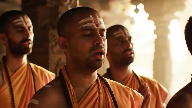 Hindu Priests Singing in Temple.