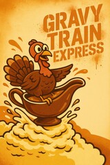 Humorous cartoon turkey surfing gravy in a boat labeled Gravy Train Express. Great for food promotions, restaurant ads, Thanksgiving humor, and holiday posters. Includes copy space.
