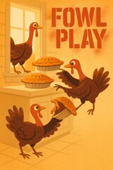 Playful turkeys caught stealing pies from the kitchen under the title Fowl Play. Great for Thanksgiving humor, seasonal posters, event flyers, and family advertising. Includes copy space.
