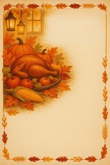 Vintage Thanksgiving illustration with roast turkey, pumpkins, apples, corn, and lanterns on rustic background. Perfect for invitations, greeting cards, menus, and seasonal posters. With copy space.