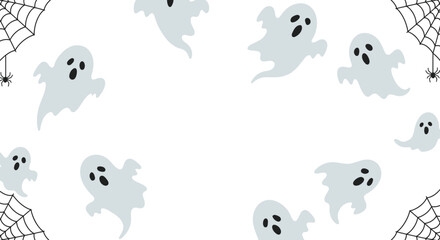 Cute cartoon ghosts and spider webs on a white background, perfect for Halloween decorations or spooky invitations.