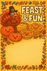 Cartoon turkey with smiling pumpkins and pies under “Feast & Fun” title in bright autumn colors. Great for Thanksgiving events, family parties, kids’ flyers, and festive marketing. Includes copy space