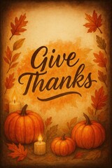 Give Thanks autumn illustration. Use for Thanksgiving cards, posters, seasonal ads, and fall decor.

