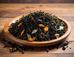 Aromatic Black Tea Blend with Citrus and Herbs on Wooden Plate.