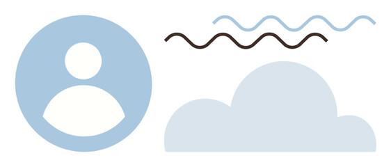 User profile icon in soft blue next to a light cloud and wavy lines. Ideal for communication, weather, identity, technology, simplicity, user interface, networking. Simple flat metaphor