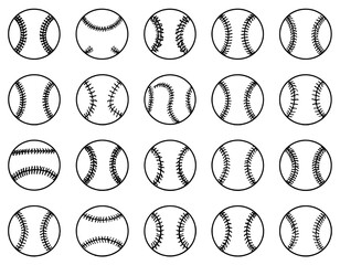 A collection of twenty baseballs in black and white, showing varying stitch patterns and details