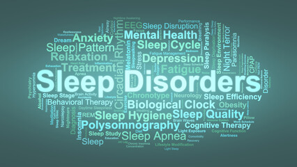 Sleep Disorders Word Cloud. Key Concepts On Insomnia, Apnea, Fatigue, And Circadian Rhythm.
