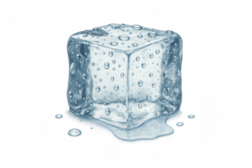 Ice cube thawing, water droplets forming, cold refresh concept, isolated transparent background