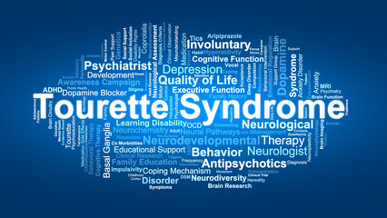 Tourette Syndrome Word Cloud. Neurological Disorder Featuring Tics, Behavior, And Brain Function.