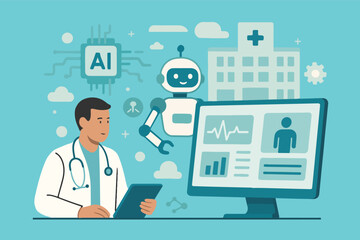 Flat vector illustration of doctor using tablet with AI robot, hospital, and digital health monitor. Modern medical technology, innovation, and artificial intelligence in healthcare concept.