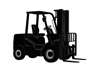 Silhouette of a forklift with forks lowered. Front view, black on white. Industrial transport vehicle
