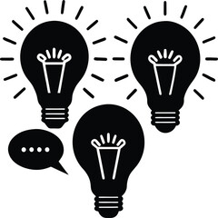 A Trio of Illuminated Ideas Sharing Thoughts Black and White Graphic Representation of Brainstorming and Communication Through Lightbulbs