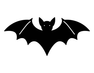 A black bat silhouette with wings spread wide and white eyes