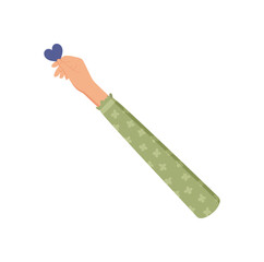 Hand holding heart in a flat colorful style. A raised hand symbolizing give, charity, and love highlights human support and volunteer efforts. This creative concept captures help, solidarity,