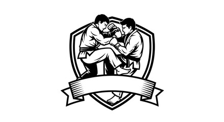 Fototapeta premium Two martial artists grappling in a shield emblem, black and white illustration.