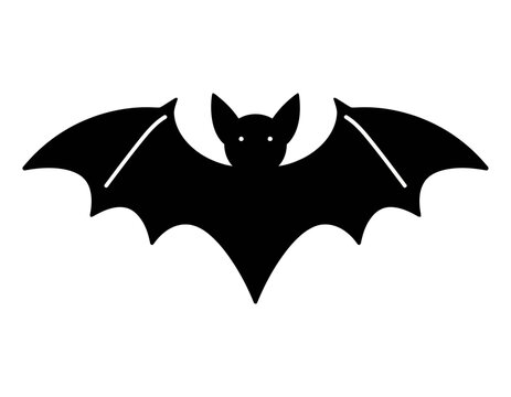 A black bat silhouette with wings spread wide and white eyes