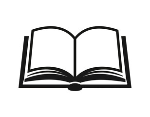 A simple, black and white graphic depicts an open book, showing the inner pages
