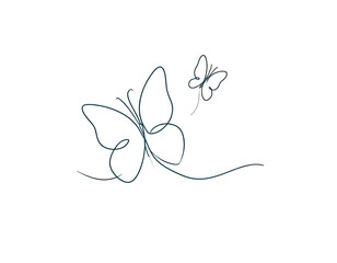 A minimalistic illustration of two butterflies, drawn with a continuous blue line on a white background