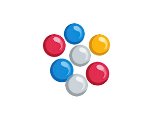 A cluster of seven colorful spheres arranged in a circular pattern against a white background