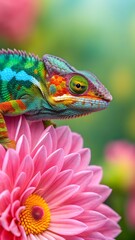 Colorful Chameleon Resting On Bright Pink Flower Petals In Vibrant Tropical Garden With Soft Bokeh Background