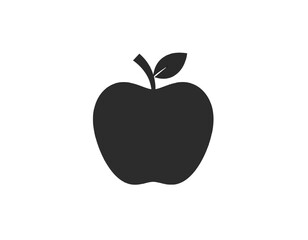 A simple, black silhouette of an apple, complete with stem and leaf, centered on a white background