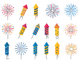 Fototapeta premium Collection of colorful, cartoon-style fireworks and rockets on a white background