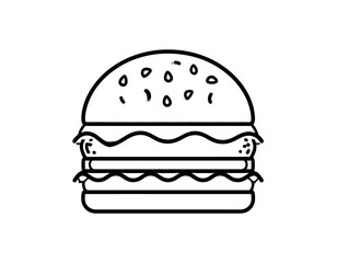 A simple black and white illustration of a hamburger with a sesame seed bun and multiple layers
