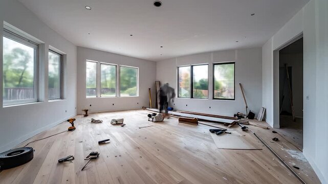 Bright, empty room with new wood floors and many windows. Construction tools indicate ongoing home renovation