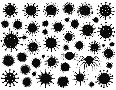 A collection of black silhouette shapes resembling viruses and arachnids on a white background