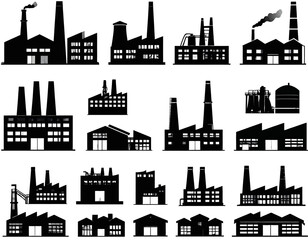Fototapeta premium Collection of monochrome illustrations depicting various industrial buildings, including factories and related structures