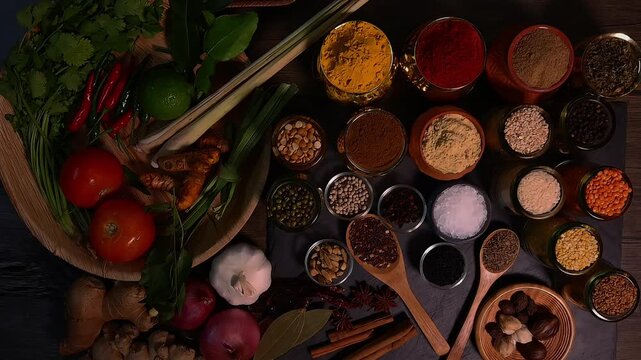 Overhead flat lay vibrant colourful spices herbs fresh produce vegetables legumes on wooden table spread splash smoking spice mix dark black slate metal clay pot palm leaf plate board copy text frame
