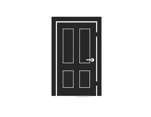 A minimalist, black and white illustration of a door with four panels and a handle on white background