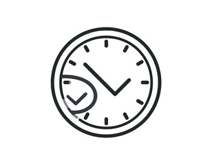 A simple line art illustration of a clock with a checkmark inside a smaller, encircled design