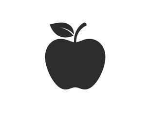 A simple, monochrome illustration of an apple with a stem and a single leaf on a white background
